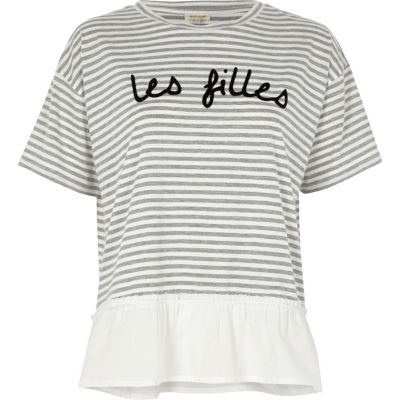 Grey stripe &#39;les filles&#39; print loose T-shirt
